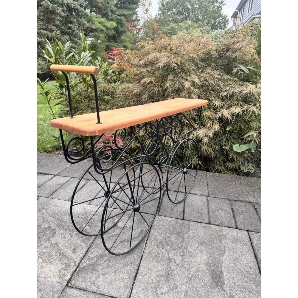 Wrought Iron & Wood Wagon Wheel Plant Stand Indoor Outdoor Rustic Garden Decor